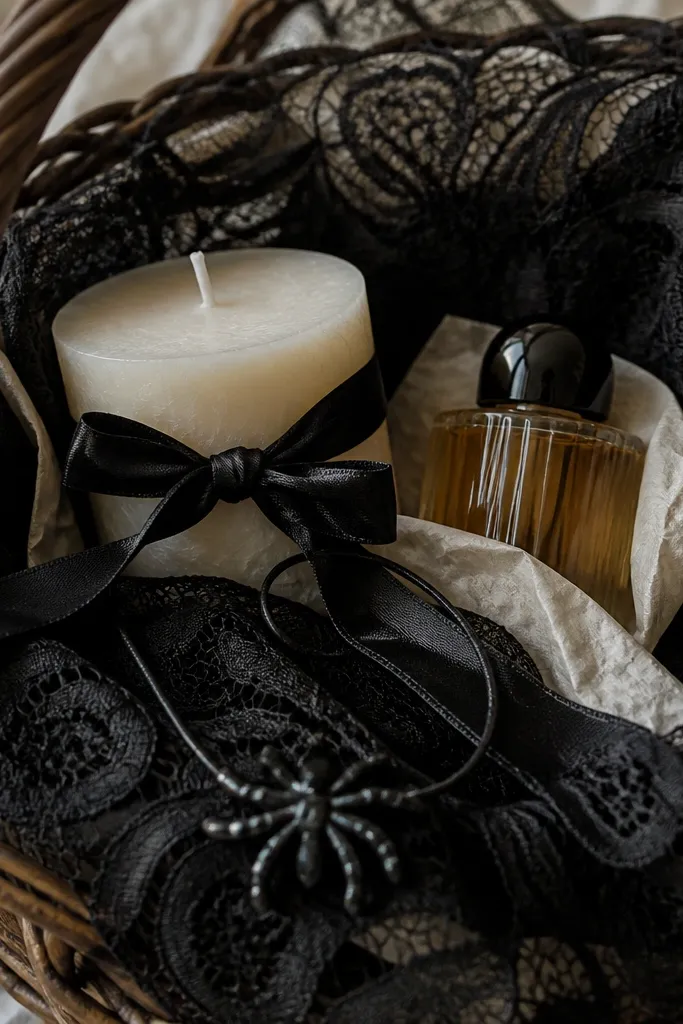 A woven basket lined with black lace-like fabric. Cream tissue peeks through. A candle and a mini perfume bottle sit on top with a black ribbon bow and a small faux spider charm on a string.