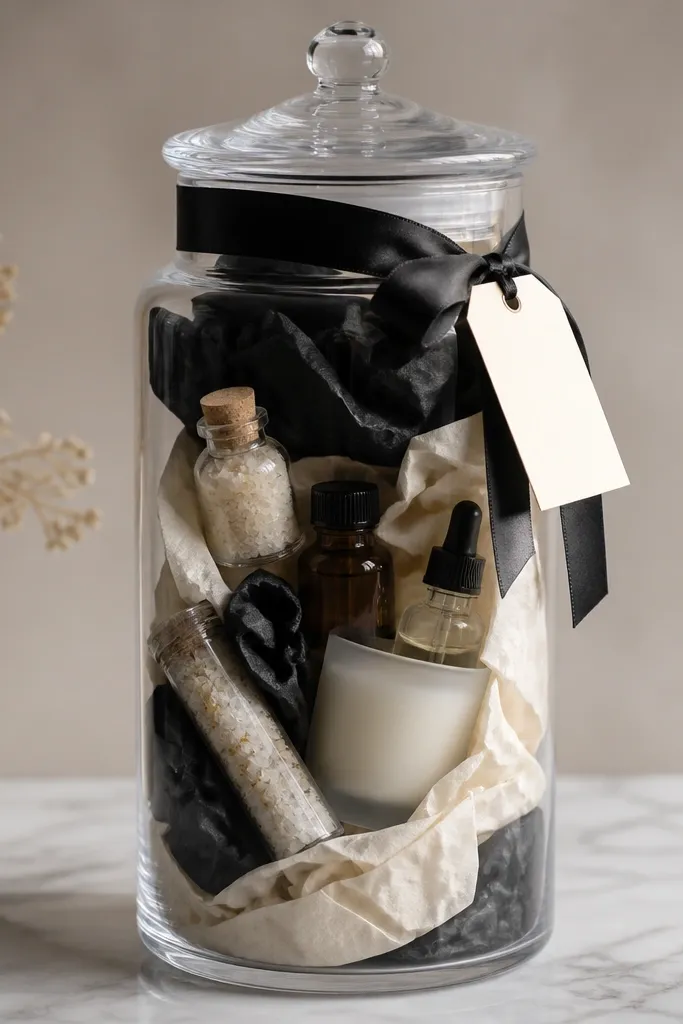 A tall apothecary jar filled with layered cream and black tissue. Inside are labeled mini bottles, bath salts, and a frosted candle. A black ribbon wraps the jar neck with a small cream tag.
