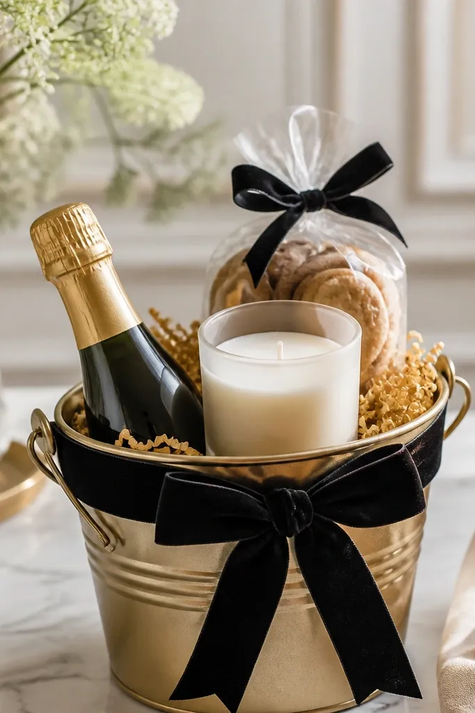 A small champagne-gold bucket holds a frosted candle, mini sparkling cider, and wrapped cookies. Black velvet ribbon wraps around the bucket handle area with a neat bow. Gold paper filler peeks out.