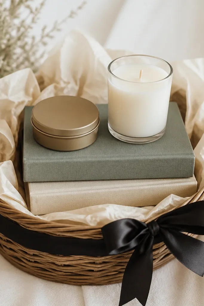 A basket holds two small hardcover books stacked horizontally, with a candle and small tea tin placed on top. Cream tissue surrounds the books, and a black ribbon wraps the basket.