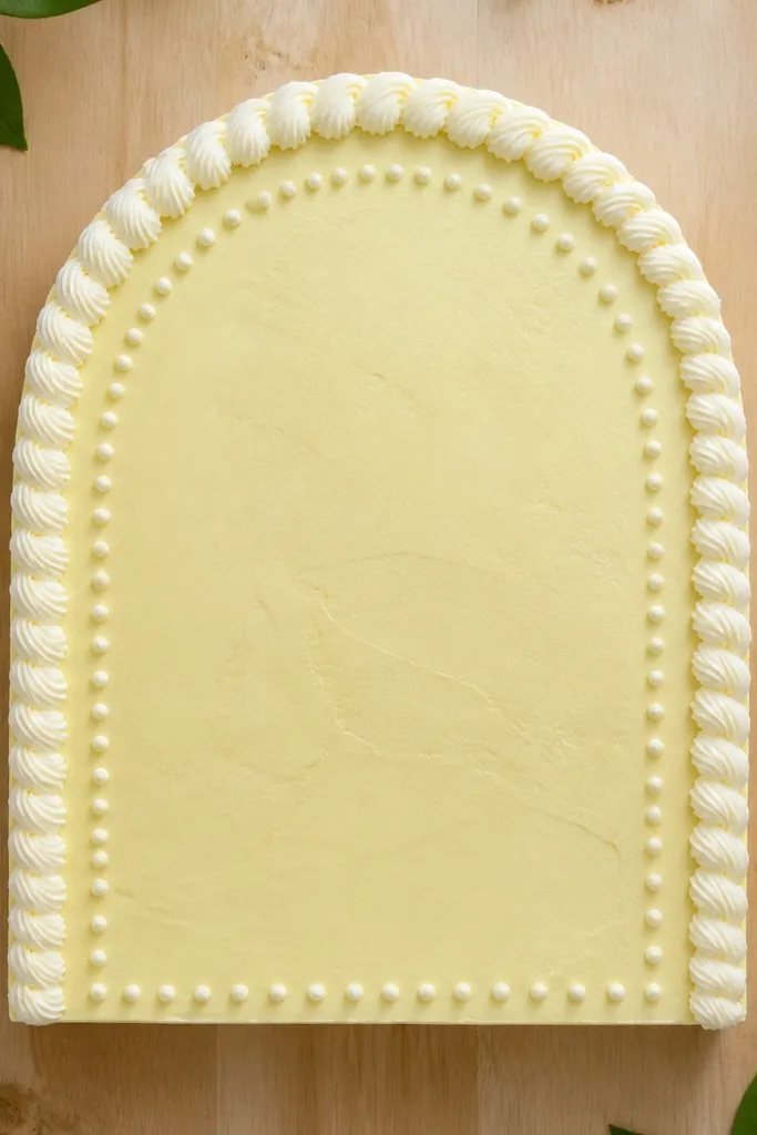 An arched outline frame with small dot decorations around it