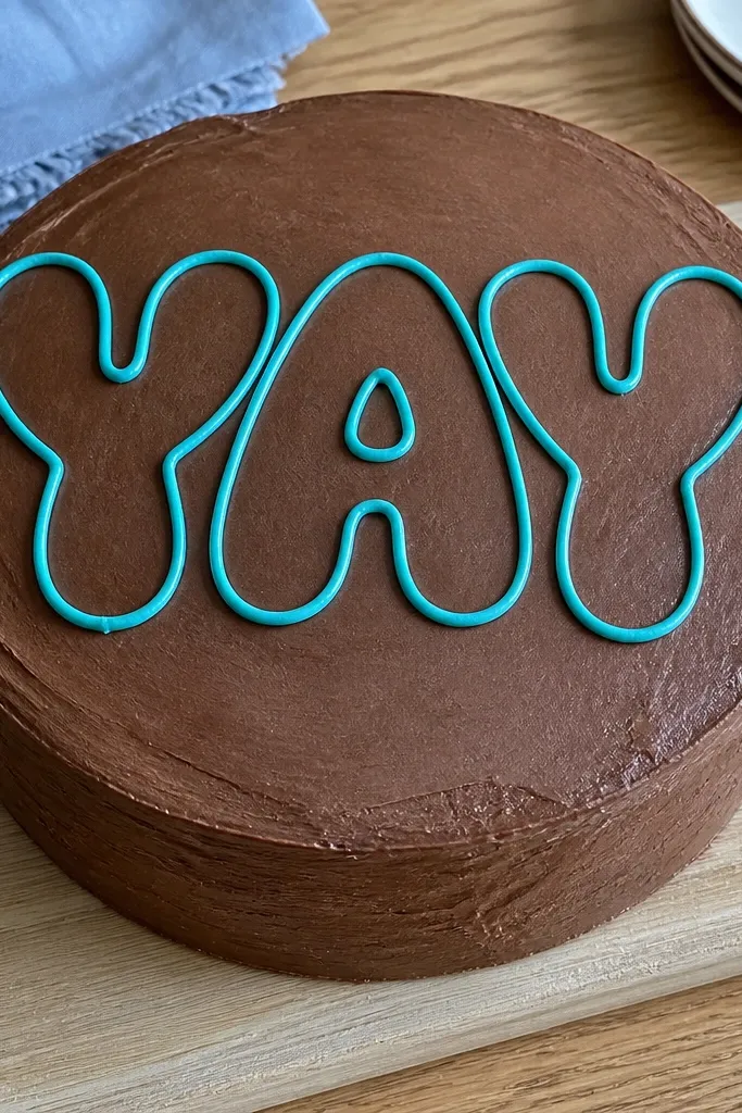Big bubble letters drawn in outline only across a cake top