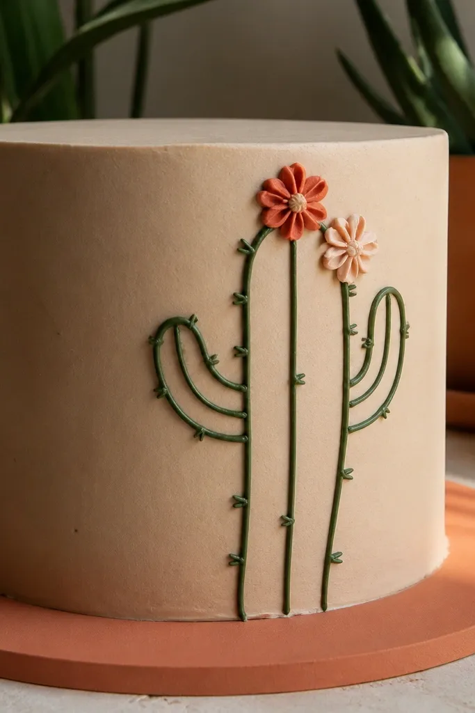 A cactus outline with two small flower doodles