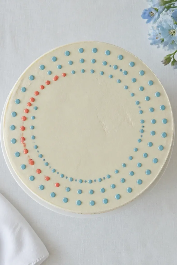 A halo of polka dots with one curved line across the cake top