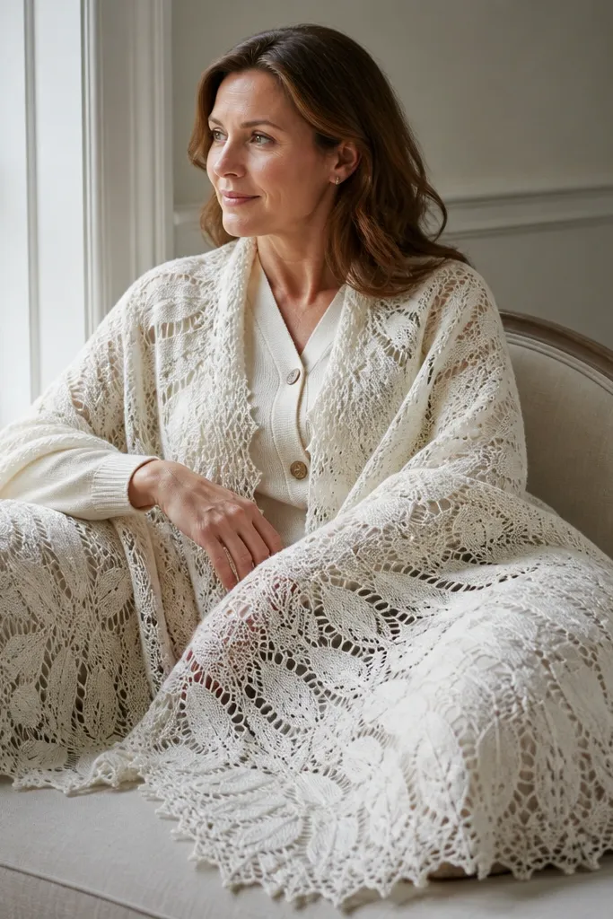 Cream crochet shawl with petal-like eyelet rows and scalloped edge