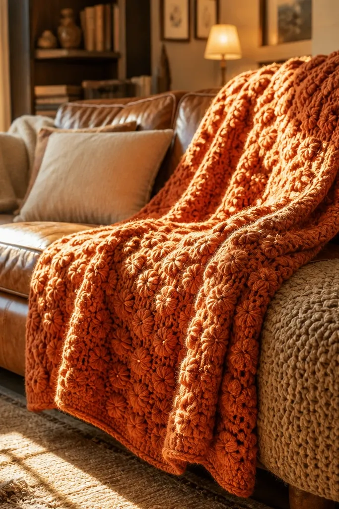 Terracotta crochet blanket with raised puff-stitch squares and soft drape