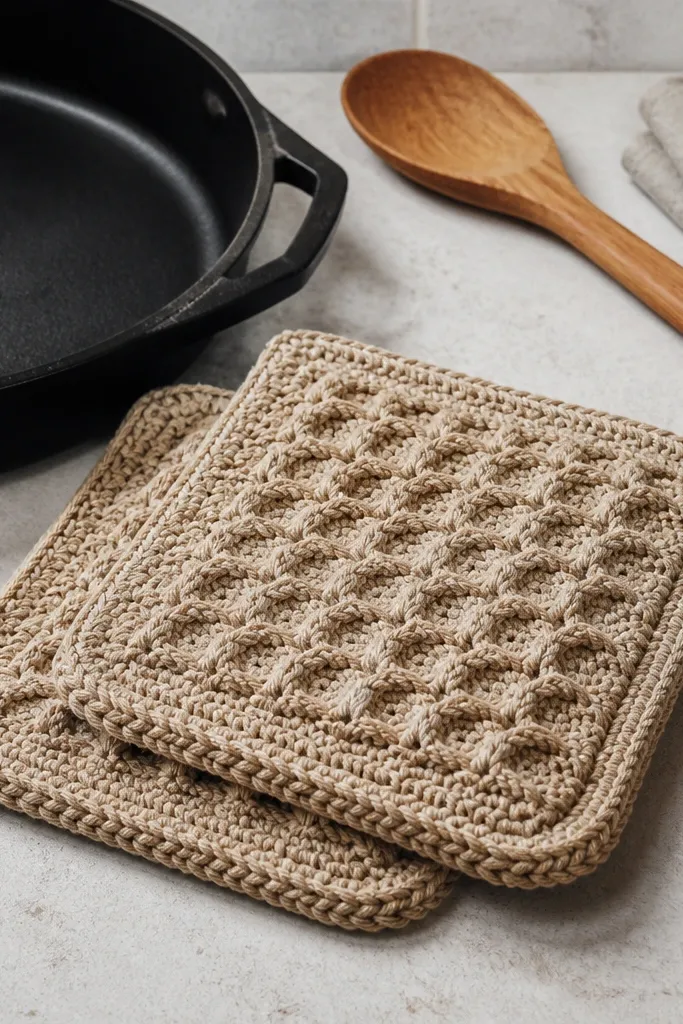 Two oat-colored waffle stitch crochet hot pads with thick textured squares