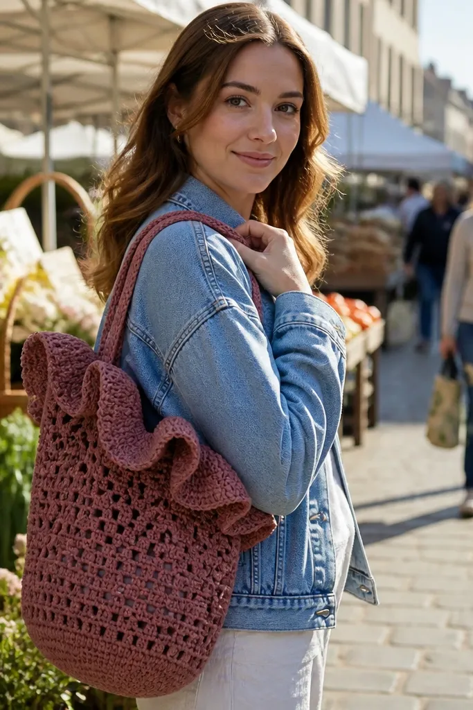 Rosewood crochet market bag with a ruffled top edge and openwork sides