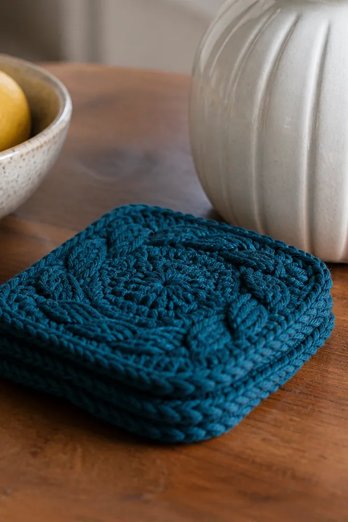 Deep teal crochet coasters with raised cable-like twists and neat edges