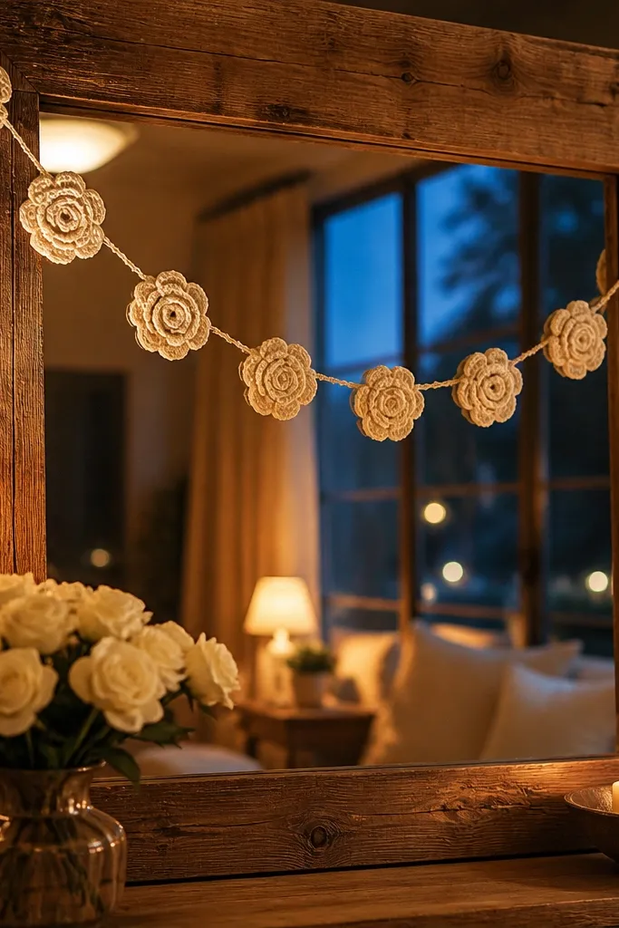 Ivory crochet rose appliqué garland with small layered petals on a string