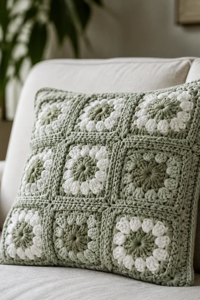 Sage granny square pillow cover with soft cloud-like texture and scalloped corners