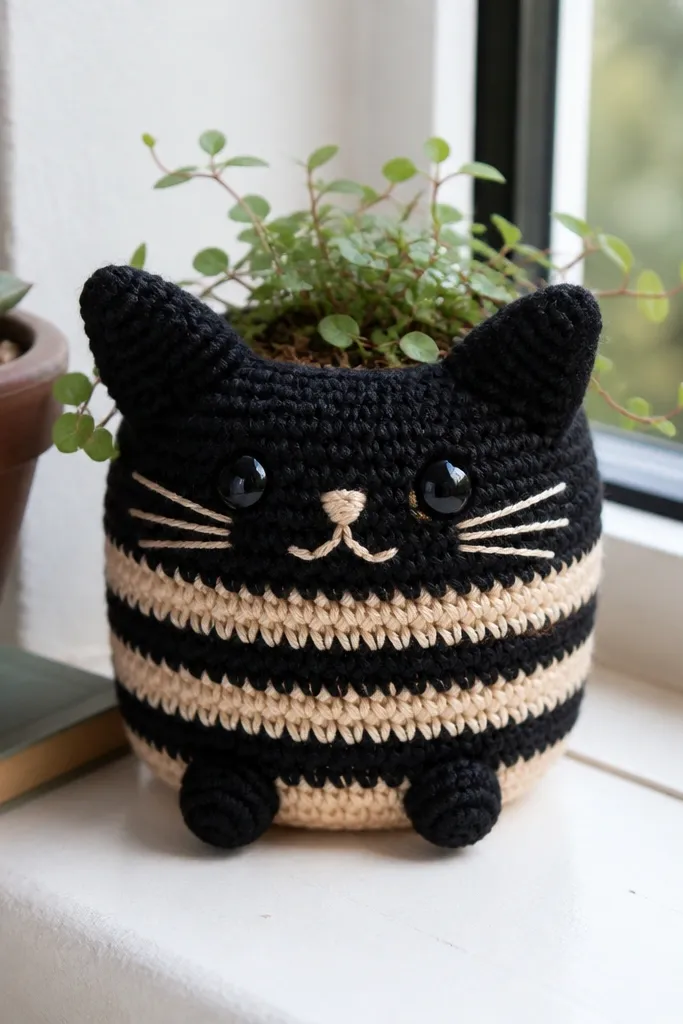 Small black and oat striped crochet cat planter with rounded body and tiny ears