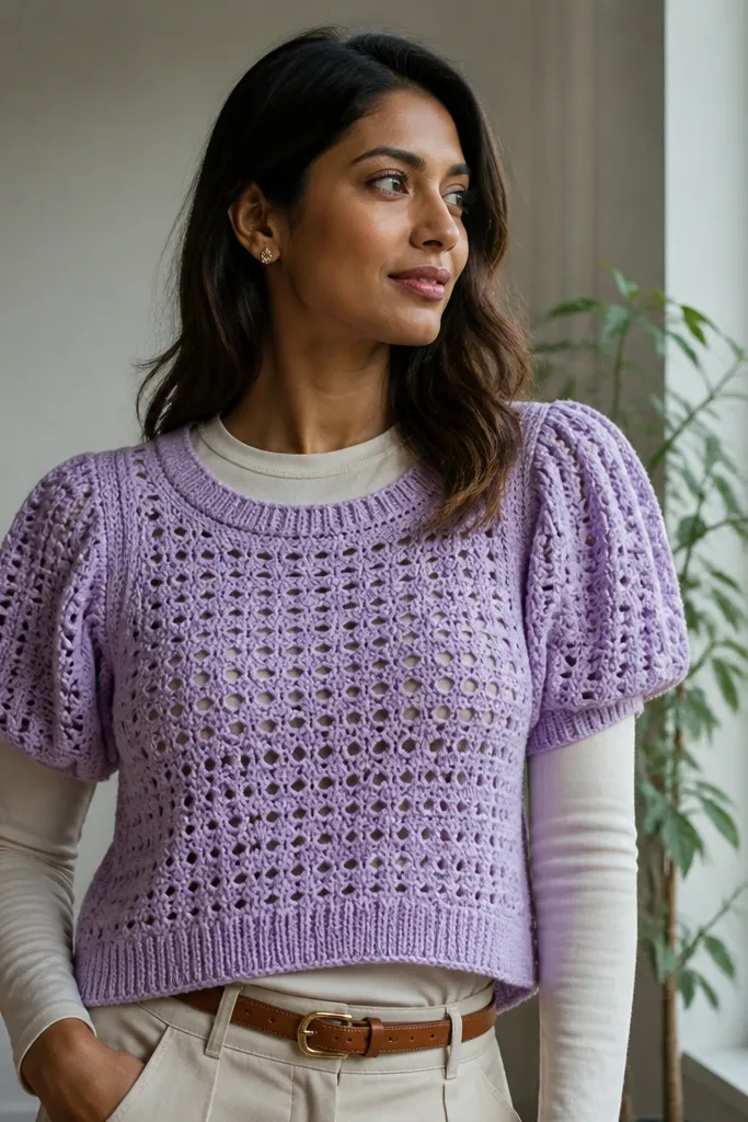 Lilac crochet crop sweater vest with puff sleeve sections and open lace panels