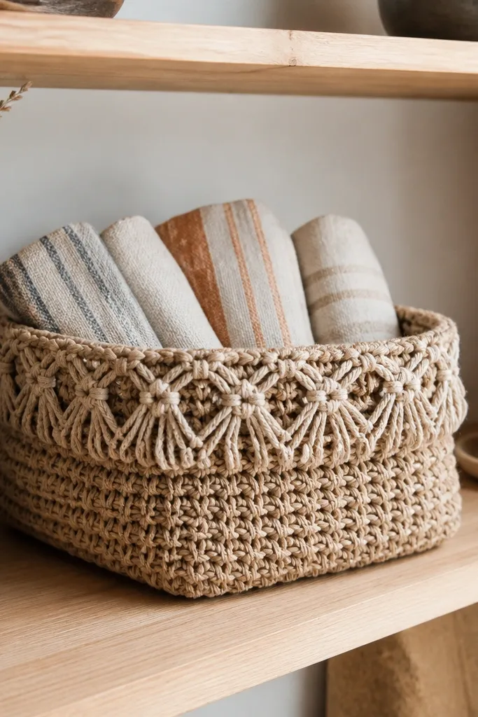 Sandstone crochet basket with a braided macrame-style rim and structured sides