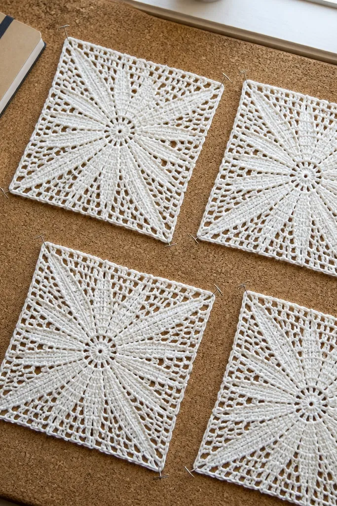 White crochet starburst squares with pointed textured rays joined into a mini blanket