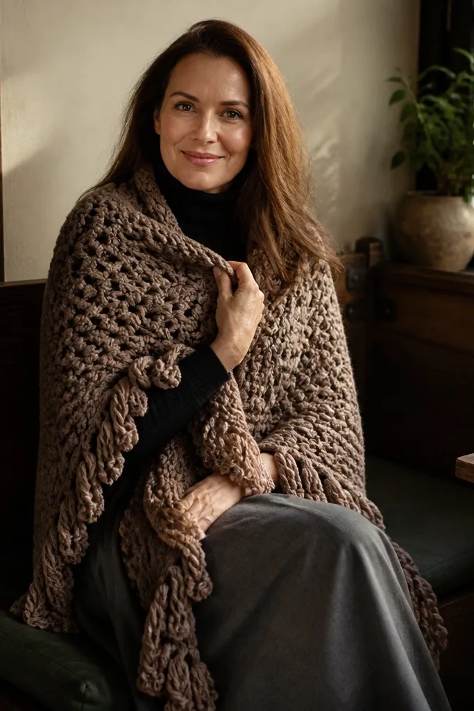 Mocha chunky crochet wrap with thick rolled fringe at the ends