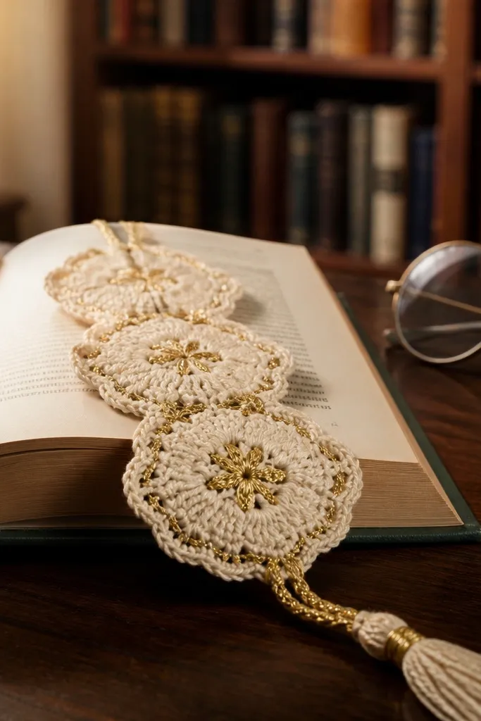 Cream crochet bookmarks with small gold thread accents and tassels