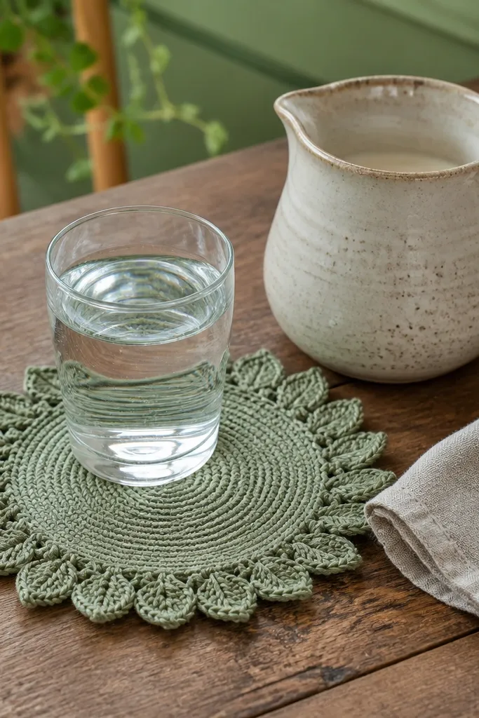 Sage coaster with a leaf stitch border around a smooth center