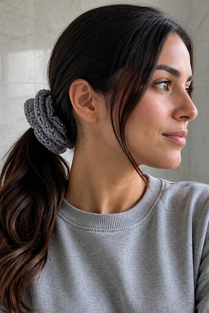 Cloud-gray crochet scrunchie with raised double-layer ridges