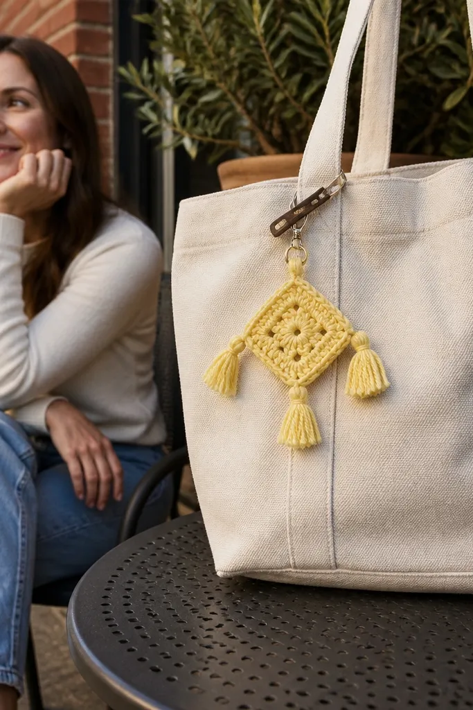 Butter yellow granny square bag charm with tiny tassels and a loop for clipping