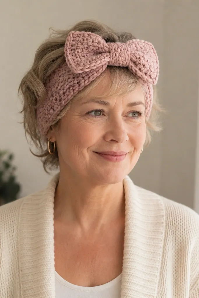 Dusty pink crochet bow headband with a tied center knot