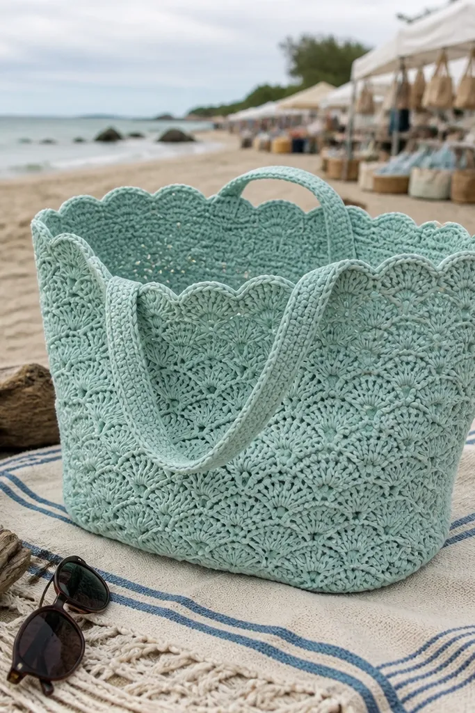 Seafoam crochet tote with shell stitch body and scallop border