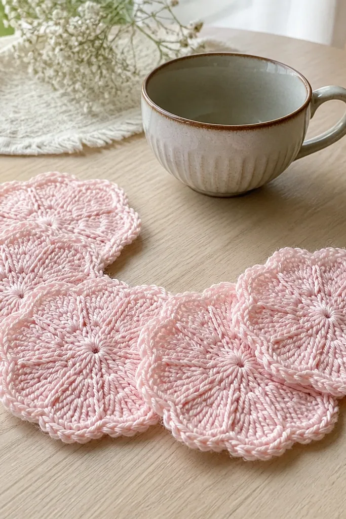 Rose pink coasters with petal rings and tiny picot trim