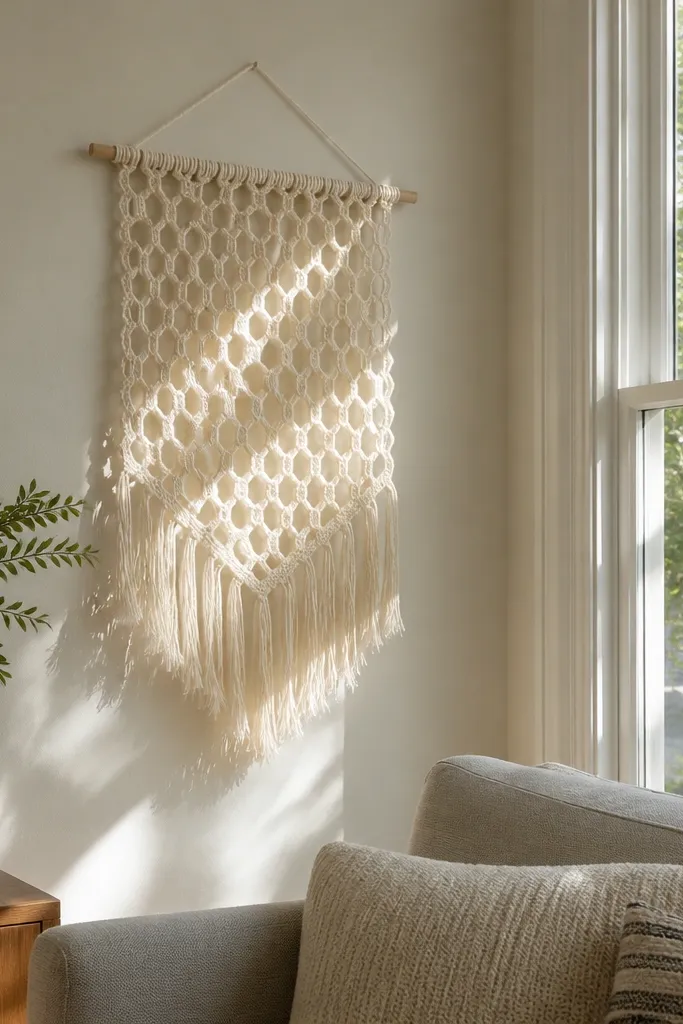 Cream crochet wall hanging with honeycomb lace panels and fringe