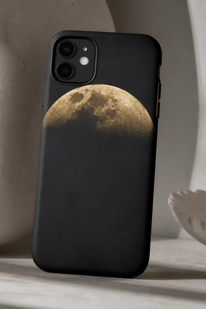 A phone case showing a soft half-moon painted at the top third, with a smoky gradient from black to warm gold. The edges are crisp and the gold looks metallic, with a matte overall finish.