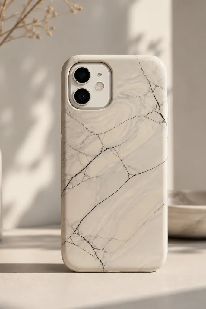 A cream phone case with soft gray swirls and thin black vein lines that branch like marble. The pattern looks organic but controlled, and the clear coat makes it look smooth under light.
