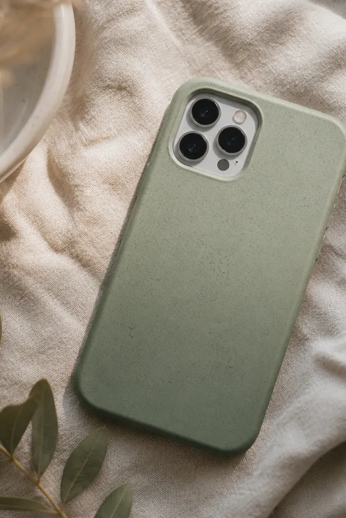 A phone case with a smooth gradient from deep sage at the bottom to pale sage at the top, plus tiny speckles across the surface. The speckles look evenly scattered, not clumpy.