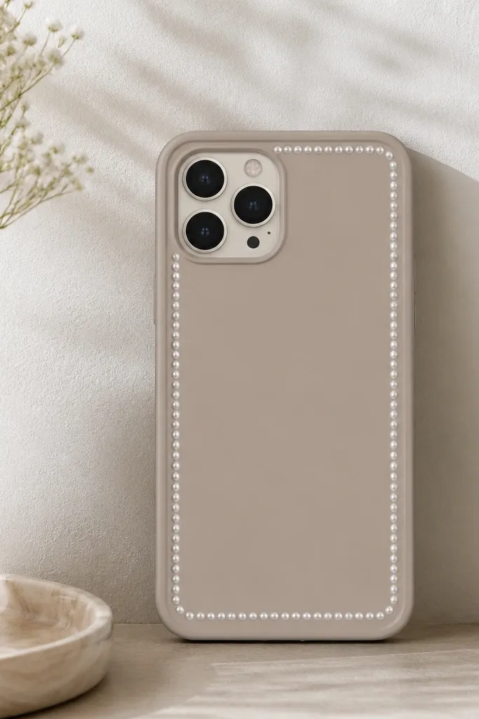 A phone case with a solid color background and a thin border made of evenly spaced white pearl-like dots. The dots form a rectangular frame around the edges with clean corners.