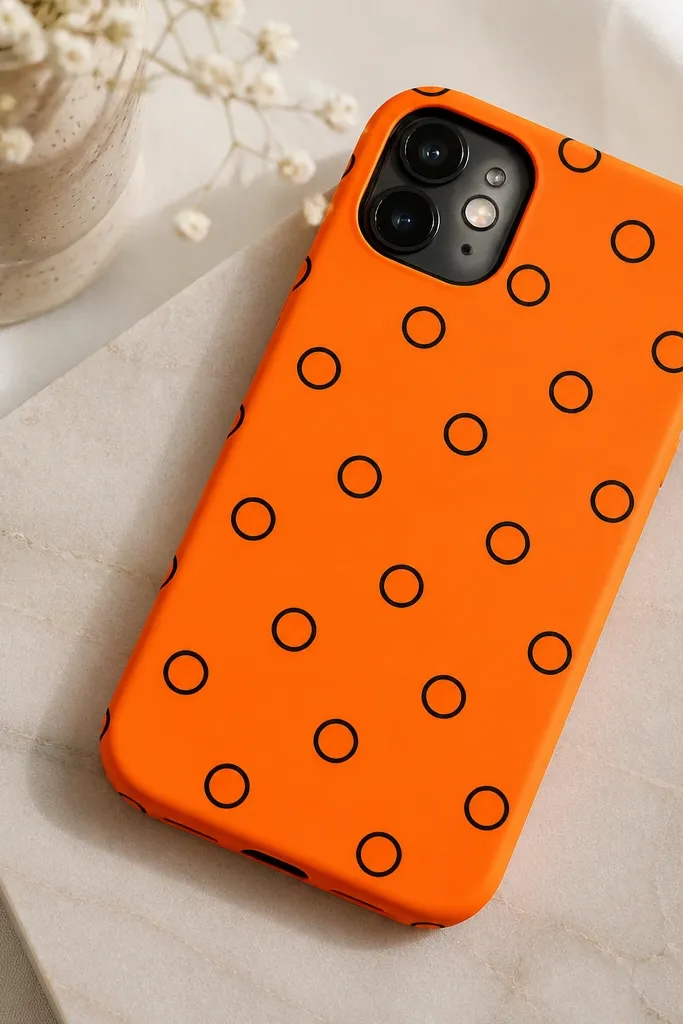 A bright tangerine phone case with playful polka dots that each have a thin black ring. The dots are evenly spaced and the finish looks smooth.
