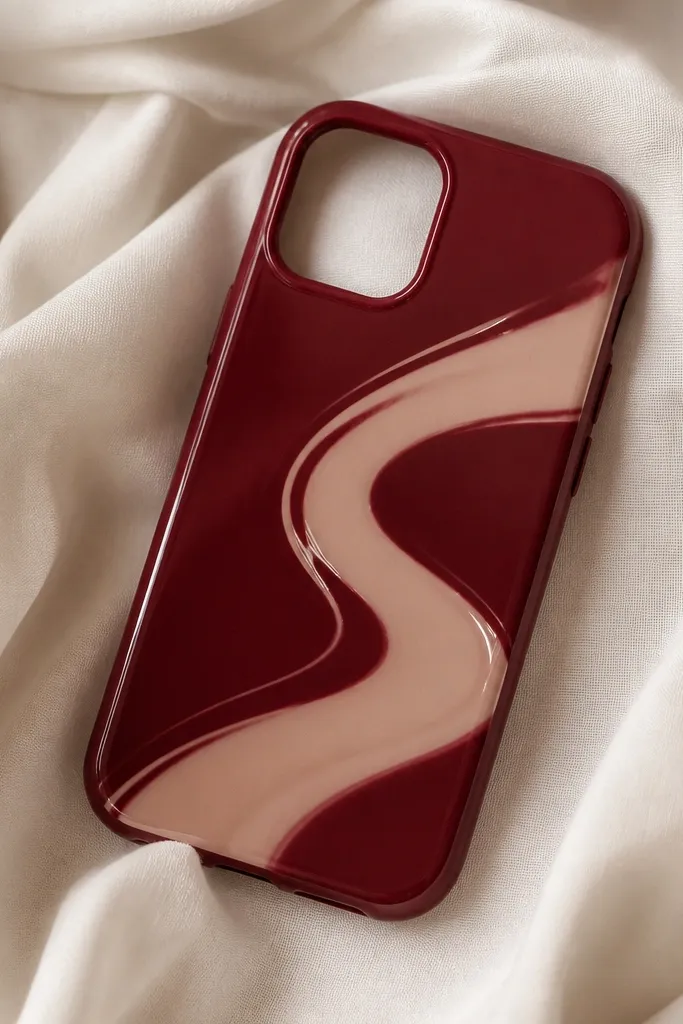 A wine red phone case with a pale nude swirl that looks like a lipstick streak, plus a few glossy highlights. The swirl is smooth and asymmetrical.
