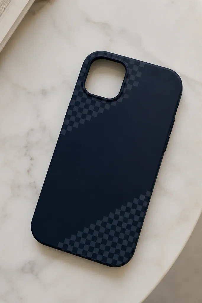 A dark navy phone case with a checkerboard pattern only on the top-left and bottom-right corners. The squares are small, crisp, and the rest of the case is plain.
