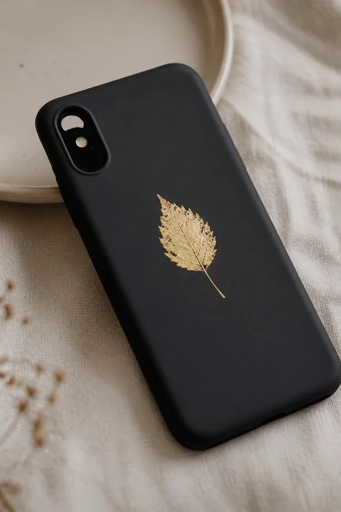A matte black phone case with a small gold leaf painted and partially textured near the center. The leaf has uneven edges like real foil and catches light.