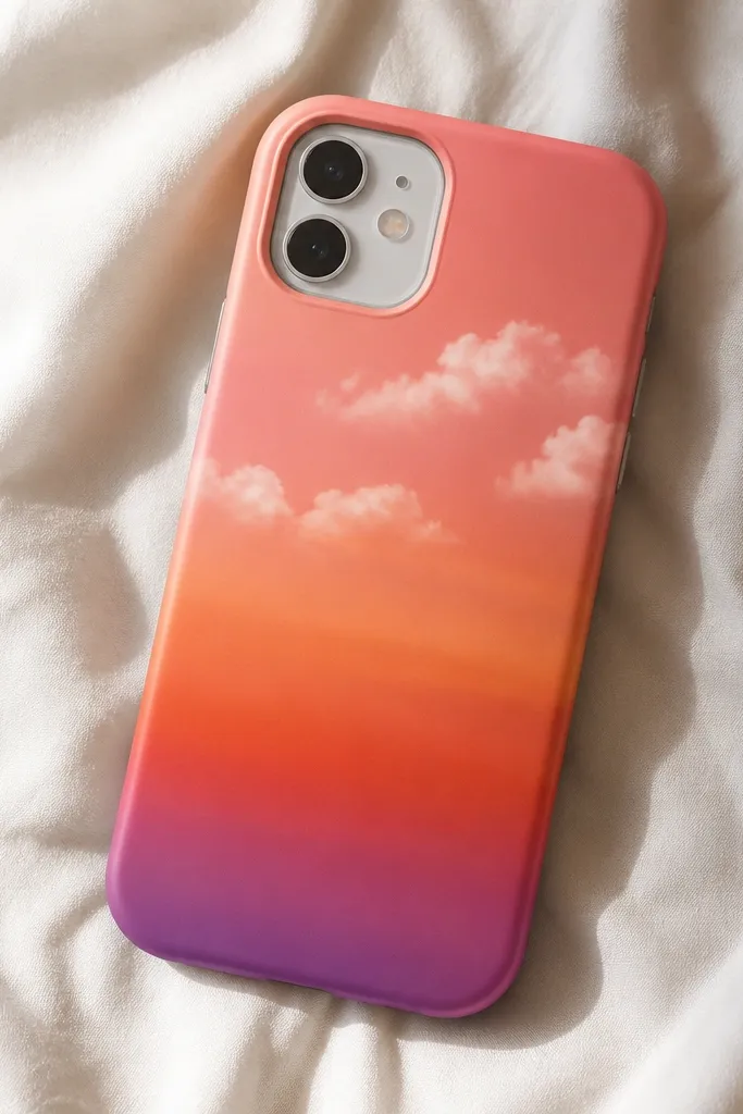 A phone case with a smooth sunset gradient - coral to pink to deep orange to purple - and small white cloud puffs near the top. The clouds are soft and airy.