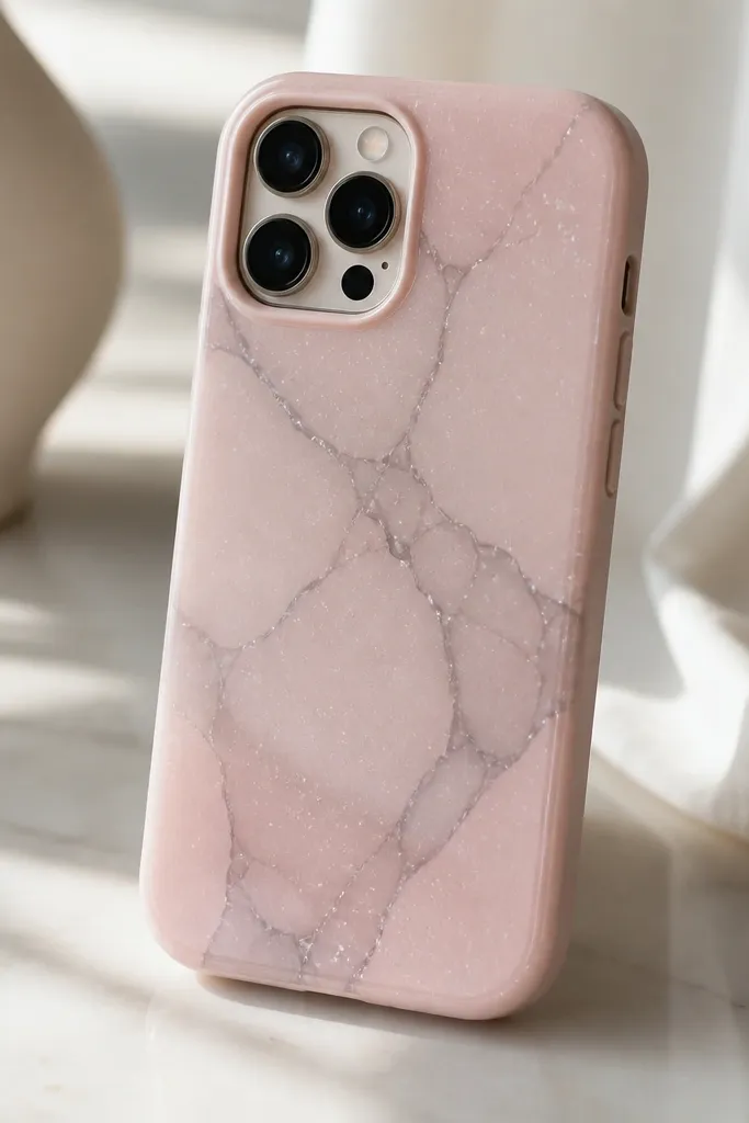 A blush pink phone case with semi-transparent gray cracks and tiny sparkle dots. The cracks look like stone veins, not random lines.