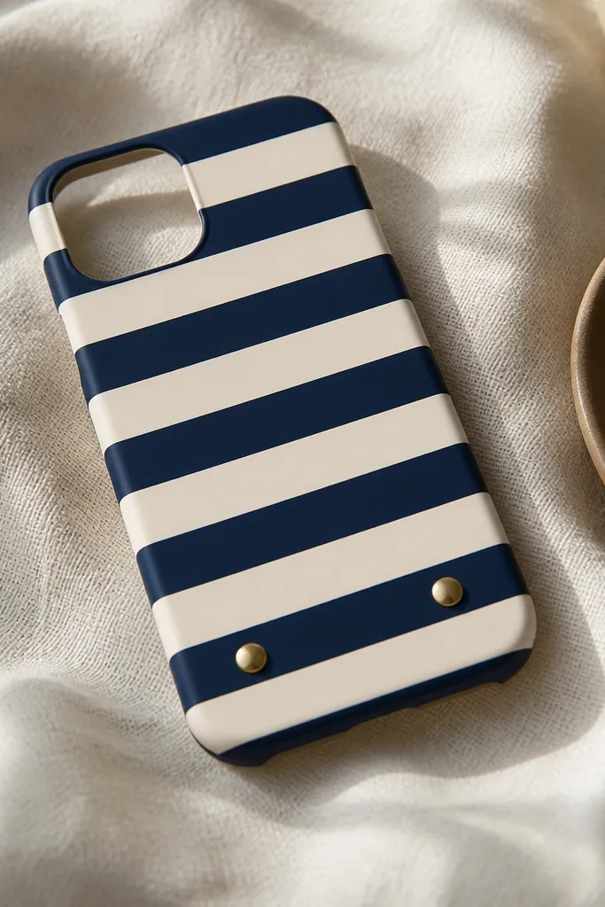 A navy and cream striped phone case with two small brass-like circles near the bottom. The stripes are perfectly straight and the circles look raised or glossy.