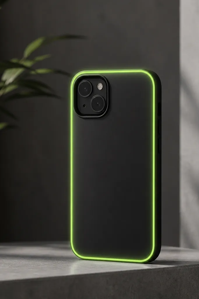 A matte black phone case with a thin neon outline around the perimeter. The outline glows slightly into the black with a soft fade, and the inside stays clean.