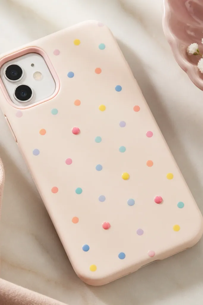A light pastel phone case with scattered confetti dots in multiple colors. A few dots have a glossy raised look like tiny candies.