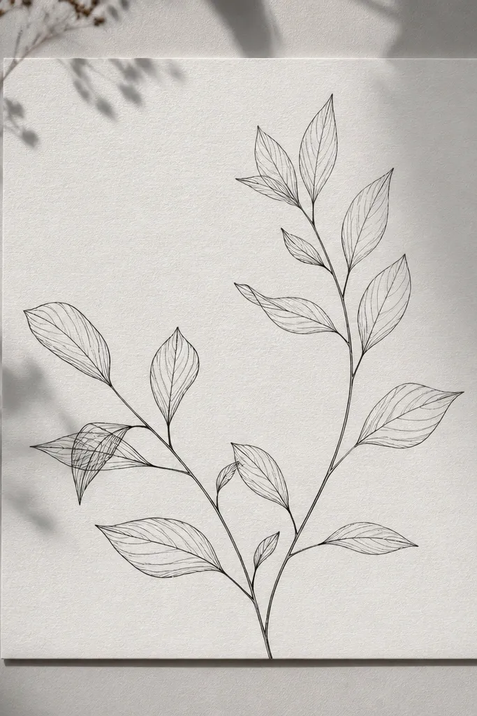 A monochrome design with black botanical line art on a soft gray background. Thin leaf lines are crisp, and there are intentional white spaces that look like paper.