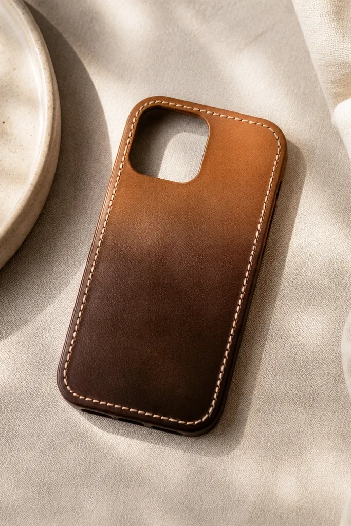 A chocolate brown case that fades to a lighter caramel at the top, with a cream stitch-like line around the edges. The stitch looks slightly raised and neat.
