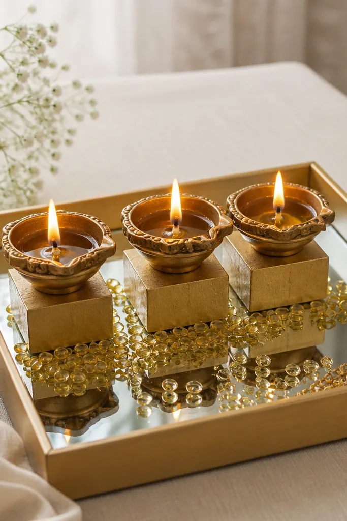 A square mirror sheet sits inside a shallow tray. Three diyas are placed in a row on small gold-painted blocks. Loose gold glass beads spill around the bases, with a thin gold chain draped on one side.