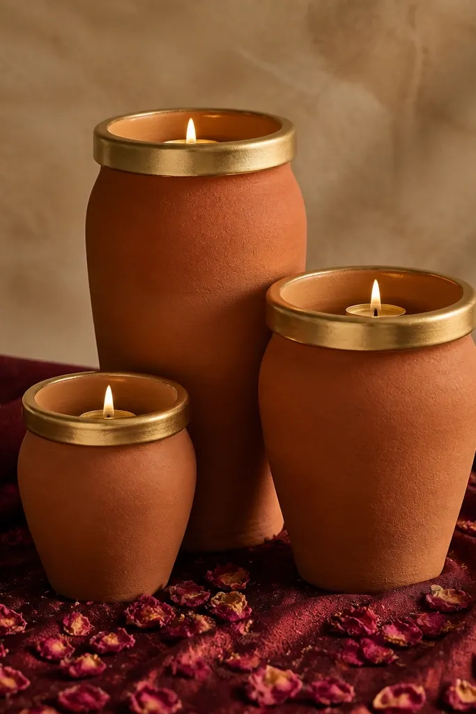 Three terracotta pots of different heights are arranged in a triangle. The rims are painted metallic gold. Small diyas sit inside each pot, and the base is covered with maroon fabric and scattered dried rose petals.