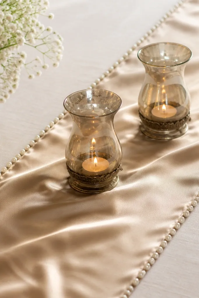 A champagne satin strip is laid diagonally across a table. Two small metallic hurricane candle holders sit on top of the fabric, with diyas inside. Tiny pearls line the runner edges.