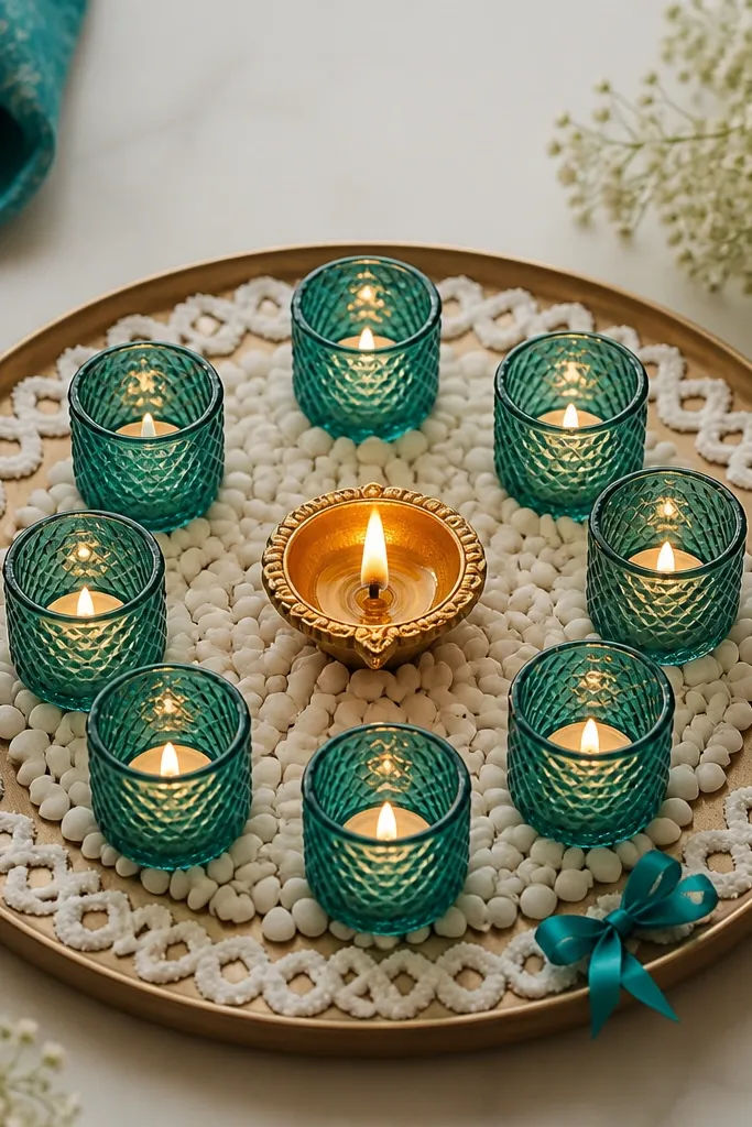 A round tray holds a ring of white rangoli powder border. Inside, teal glass votive holders are arranged around a central diya. White stones fill gaps, and a small teal ribbon sits near the edge.