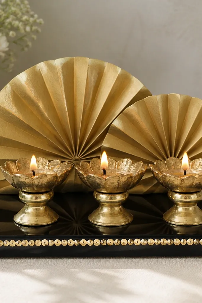 A glossy black acrylic tray holds three diyas on gold-painted stands. Behind them are two paper fan cutouts in gold, placed like a backdrop. The front has a line of tiny gold sequins.