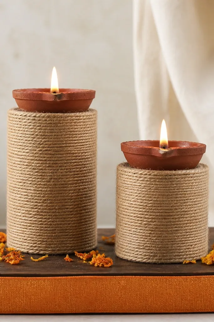Two cylindrical risers wrapped in jute twine hold diyas. A strip of marigold-orange ribbon runs along the front edge of a wooden board. Small dried marigold petals are scattered near the bases.