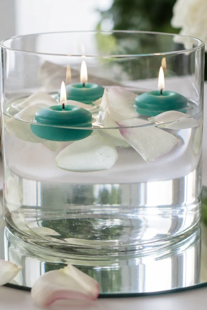 A clear glass vase filled with water and floating teal votive candles. The water has a few floating rose petals and the vase sits on a mirror plate.